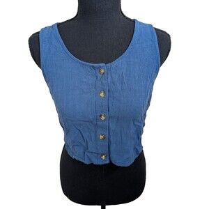 Jackson Rowe Tank Top Button Down Cabo Cropped Blue Linen Blend XS